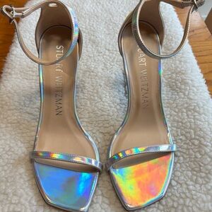Stuart Weitzman Iridescent Holographic Ankle-Strap Heels - Silver
